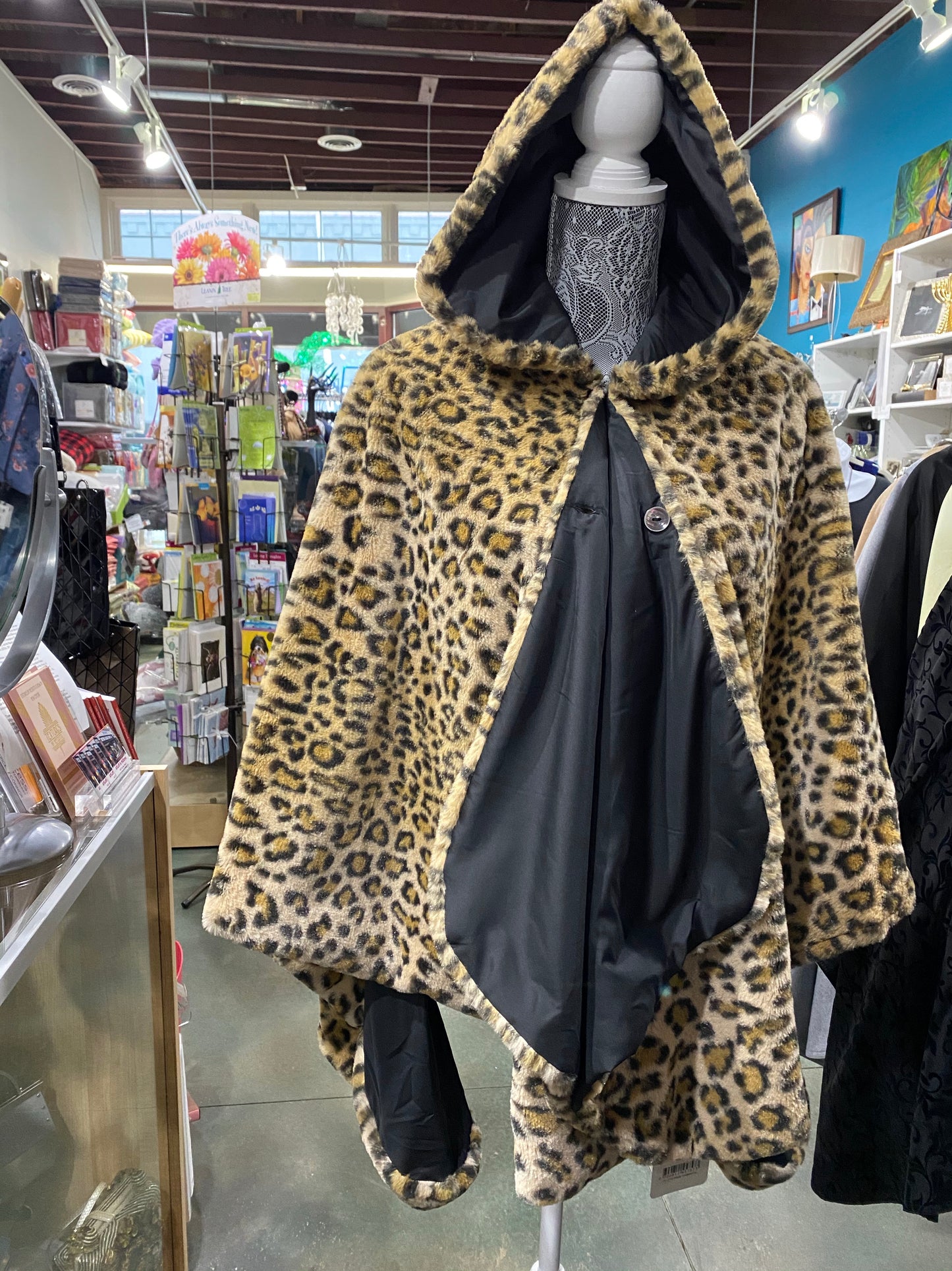 Fall Winter Wear, Rain Caper in Faux Leopard Print. Hood, Reversible and Water Repellent